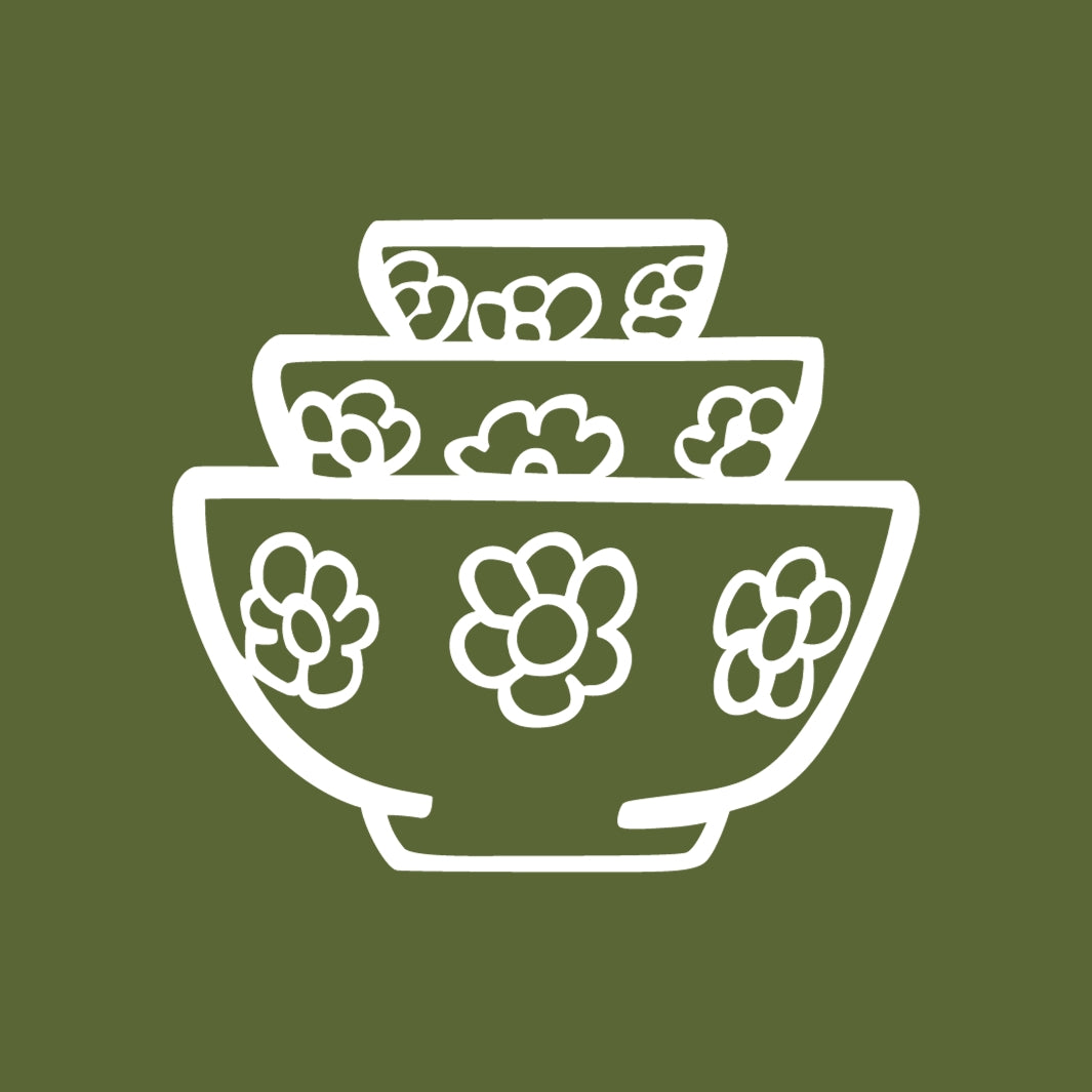 Mixing Bowl Set with Flowers Icon on an Olive Green Background
