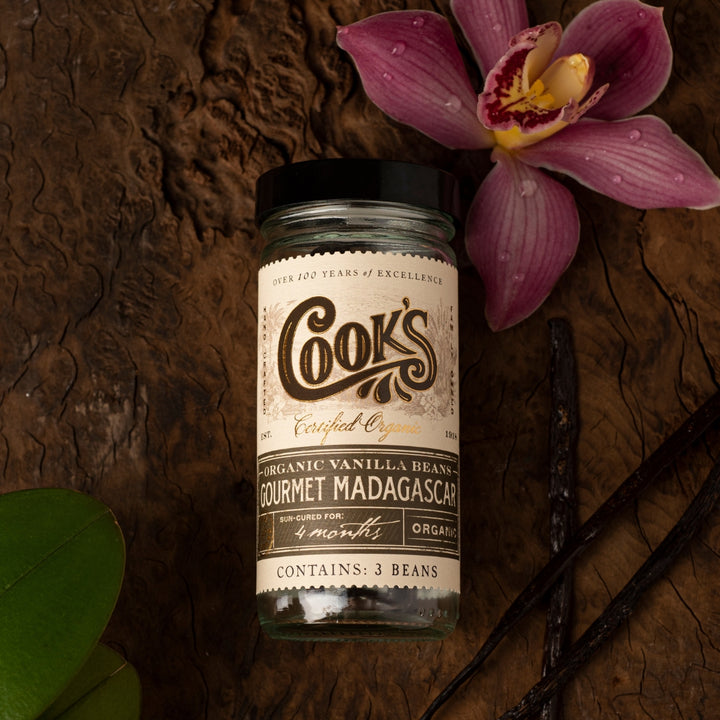 Gourmet Organic Madagascar Vanilla Beans and a Vanilla Orchid | 3-Bean Jar | Cook's Flavoring Company | Vanilla Beans & Extracts @ Spice Craze®