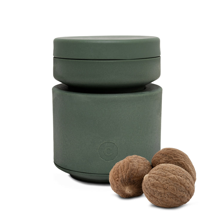 Billund Nutmeg Grater and 3 Whole Nutmegs in Foreground | CrushGrind® Denmark | Mills & Grinders @ Spice Craze®