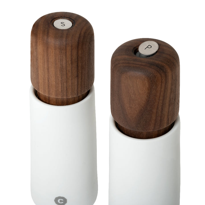 White Porcelain & Walnut Stockholm Salt or Pepper Mills | CrushGrind® Denmark | Mills & Grinders @ Spice Craze®