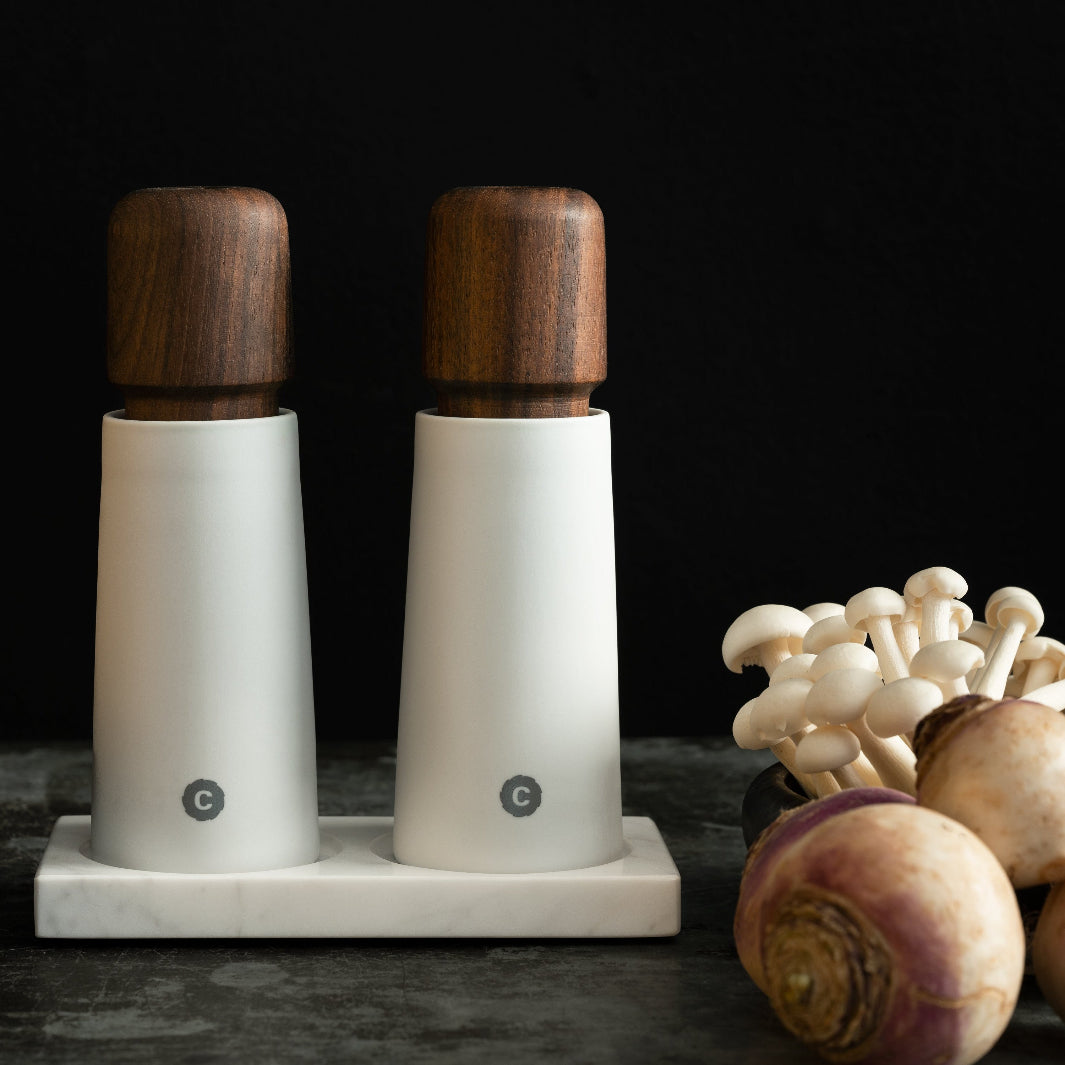 White Porcelain & Walnut Stockholm Salt or Pepper Mills and Mushrooms | CrushGrind® Denmark | Mills & Grinders @ Spice Craze®