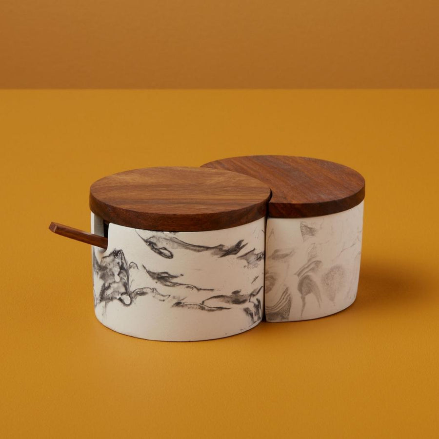 Black/Gray Marbled Cement Interlocking Cellar Set with Wooden Lids and Spoon | Be Home US | Keeping It Pretty @ Spice Craze®