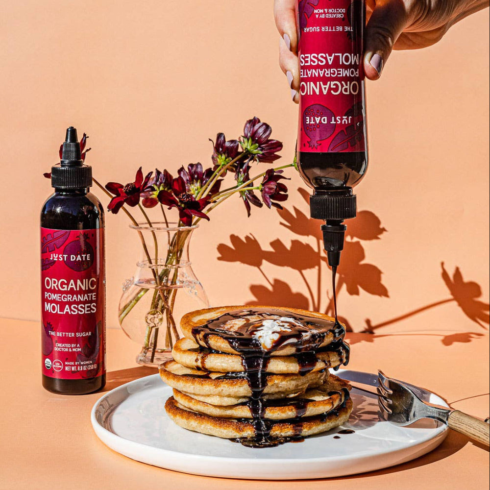 Organic Pomegranate Molasses being Poured on Pancakes | Just Date | The Sweeter Side @ Spice Craze®