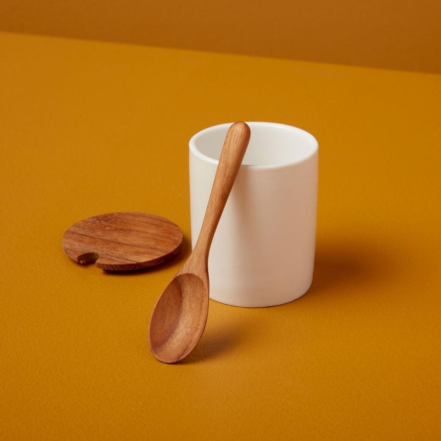 Mini Ceramic Cellar with Teak Lid & Spoon on a Mustard Background | Be Home US | Keeping It Pretty @ Spice Craze®