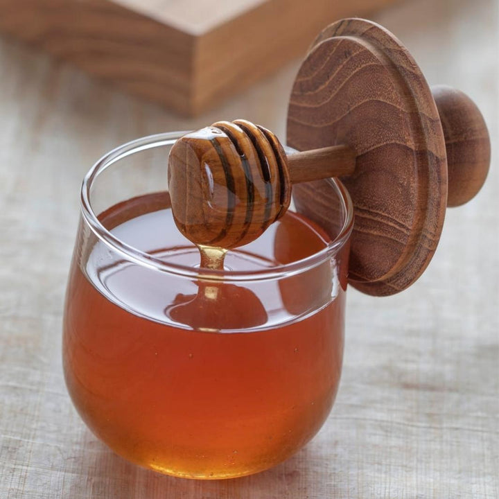 Teak & Glass Honey Jar Full of Honey and Dripping from the Lid | Be Home US | Keeping It Pretty @ Spice Craze®