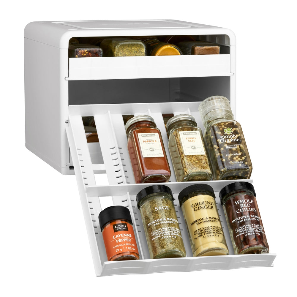 White YouCopia® SpiceStack® Adjustable Spice Bottle Organizer with Spices on Lowered Middle Tray | YouCopia® | Keeping It Pretty @ Spice Craze®