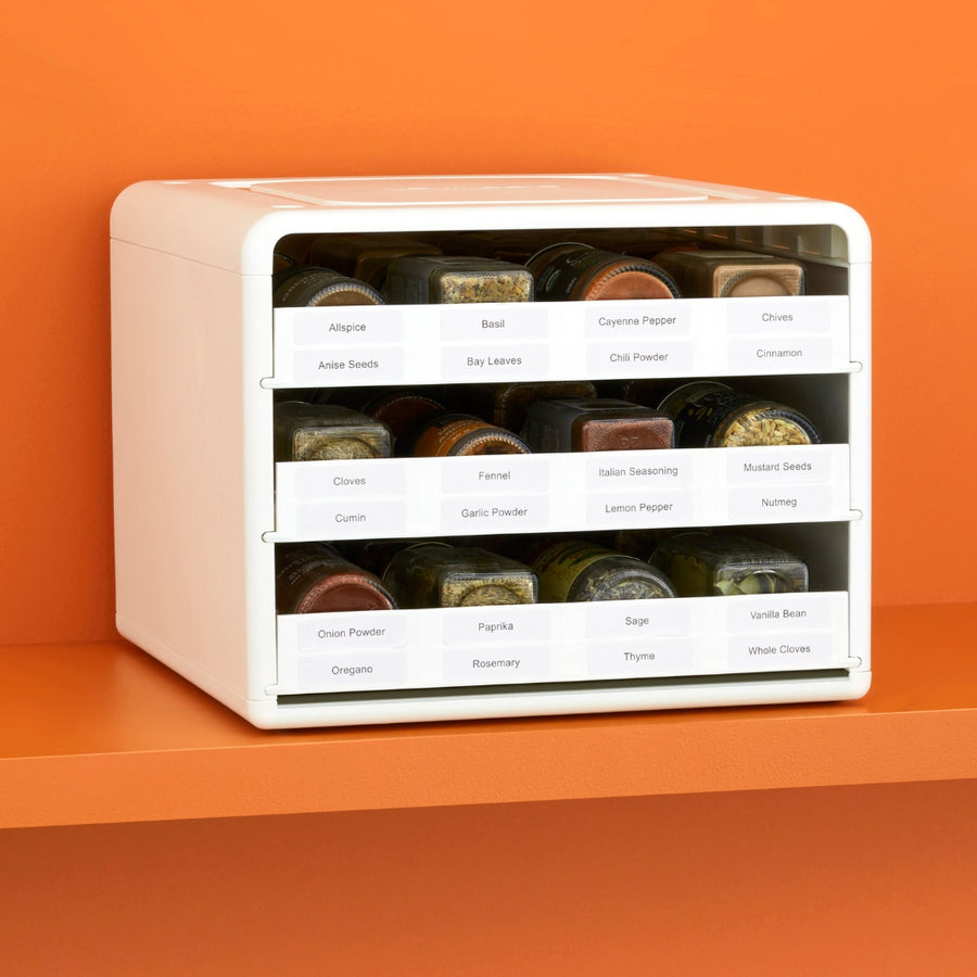 White YouCopia® SpiceStack® Adjustable Spice Bottle Organizer with Spices and Labels | YouCopia® | Keeping It Pretty @ Spice Craze®