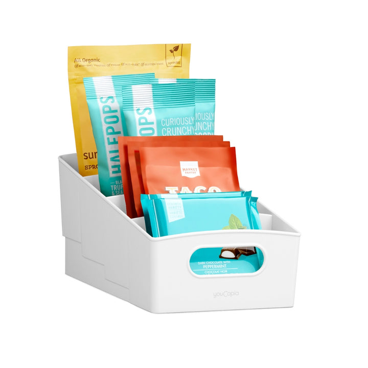 White YouCopia® ShelfBin™ 4-Tier Divided Spice and Snack Packet Organizer with Packets | YouCopia® | Keeping It Pretty @ Spice Craze®