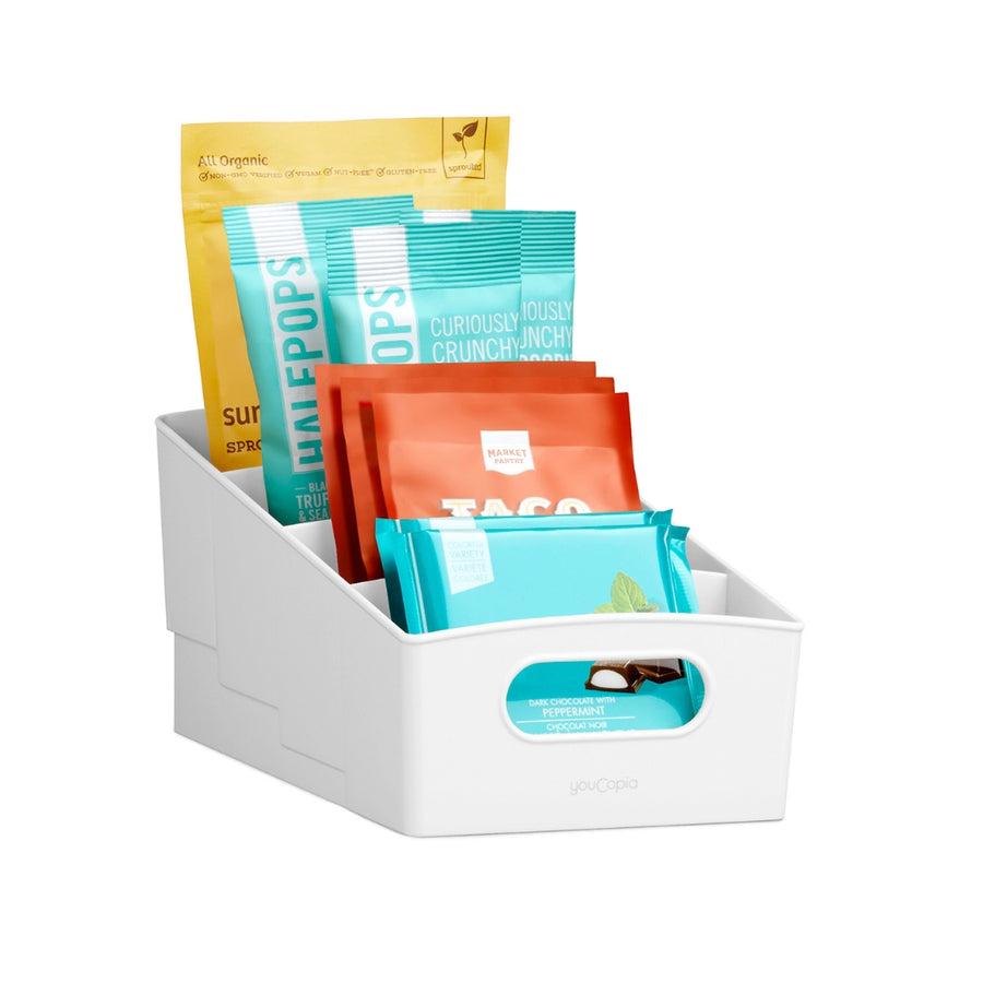 White YouCopia® ShelfBin™ 4-Tier Divided Spice and Snack Packet Organizer with Packets | YouCopia® | Keeping It Pretty @ Spice Craze®