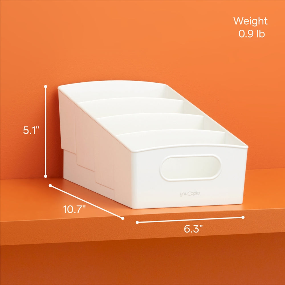 Dimensions of White YouCopia® ShelfBin™ 4-Tier Divided Spice and Snack Packet Organizer - 10.7" x 6.3" x 5.1" | YouCopia® | Keeping It Pretty @ Spice Craze®