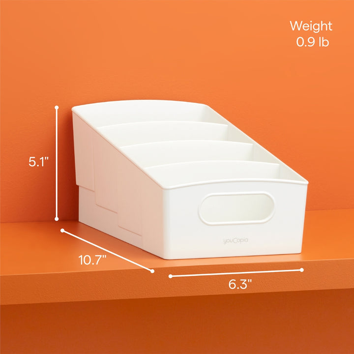 Dimensions of White YouCopia® ShelfBin™ 4-Tier Divided Spice and Snack Packet Organizer - 10.7" x 6.3" x 5.1" | YouCopia® | Keeping It Pretty @ Spice Craze®