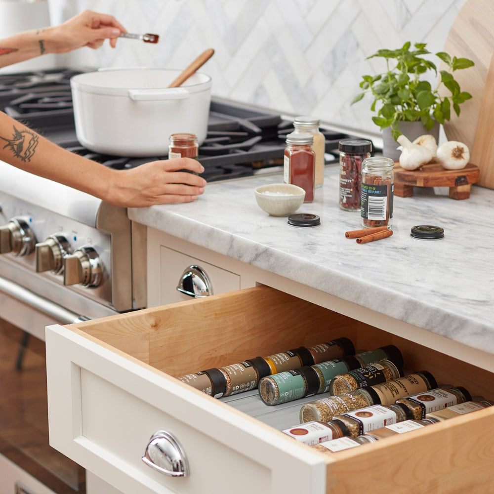 Gray YouCopia® SpiceLiner® Spice Drawer Liner in a Kitchen Drawer with Spices | YouCopia® | Keeping It Pretty @ Spice Craze®