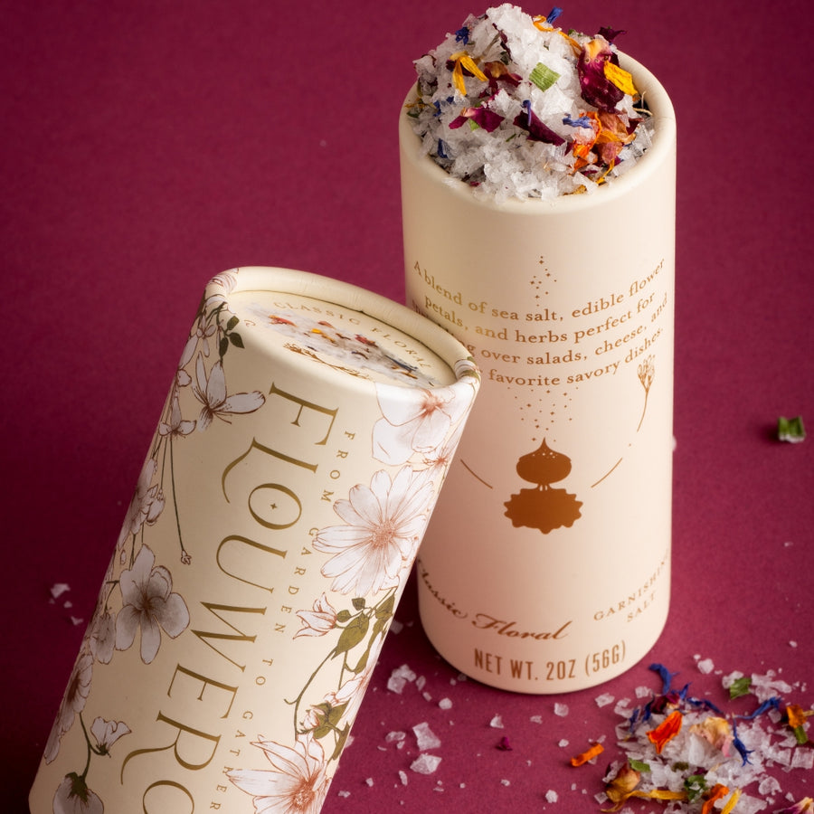Classic Floral Garnishing Salt Spilling Out of Its Recyclable Packaging | Flouwer Co.® | Specialty Salts @ Spice Craze®
