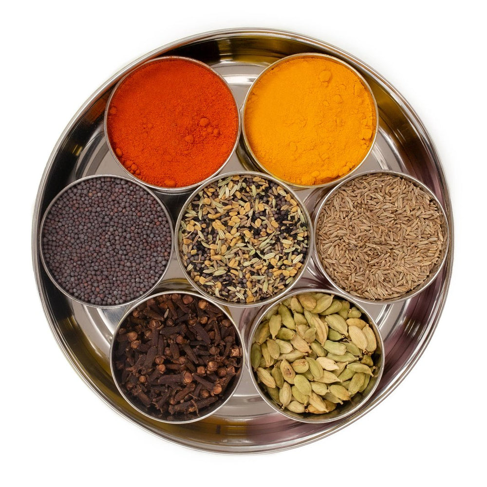 7 Stainless Steel Bowls with Spices Inside a Pink Indian Masala Dabba Spice Box | Calcutta Kitchens | Keeping It Pretty @ Spice Craze®