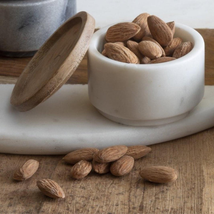 White Marble & Wood Cellar with the Lid Askew and Almonds Inside | Be Home US | Keeping It Pretty @ Spice Craze®