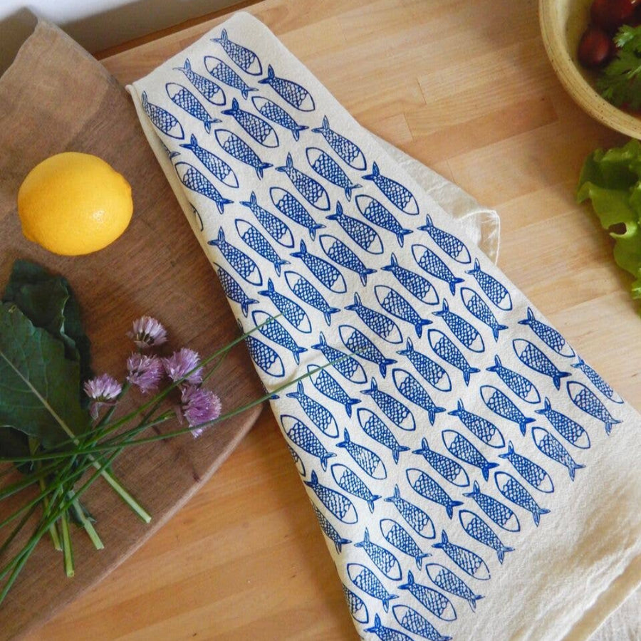 Handprinted Dark Blue Fish Tea Towel | The High Fiber | Aprons & Linens @ Spice Craze®