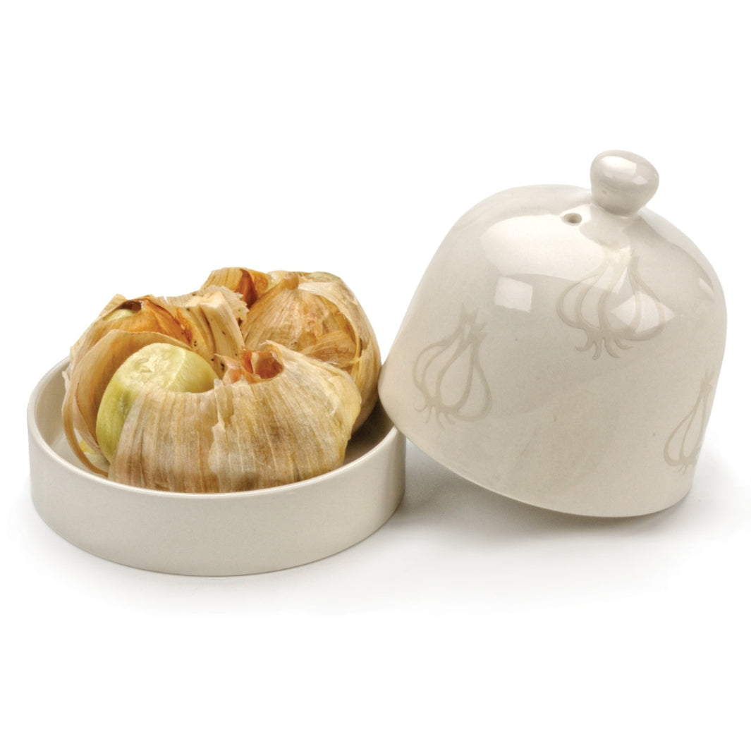 White Stoneware Garlic Roaster Holding Bulbs of Baked Garlic | RSVP International | Prepping & Cooking @ Spice Craze®