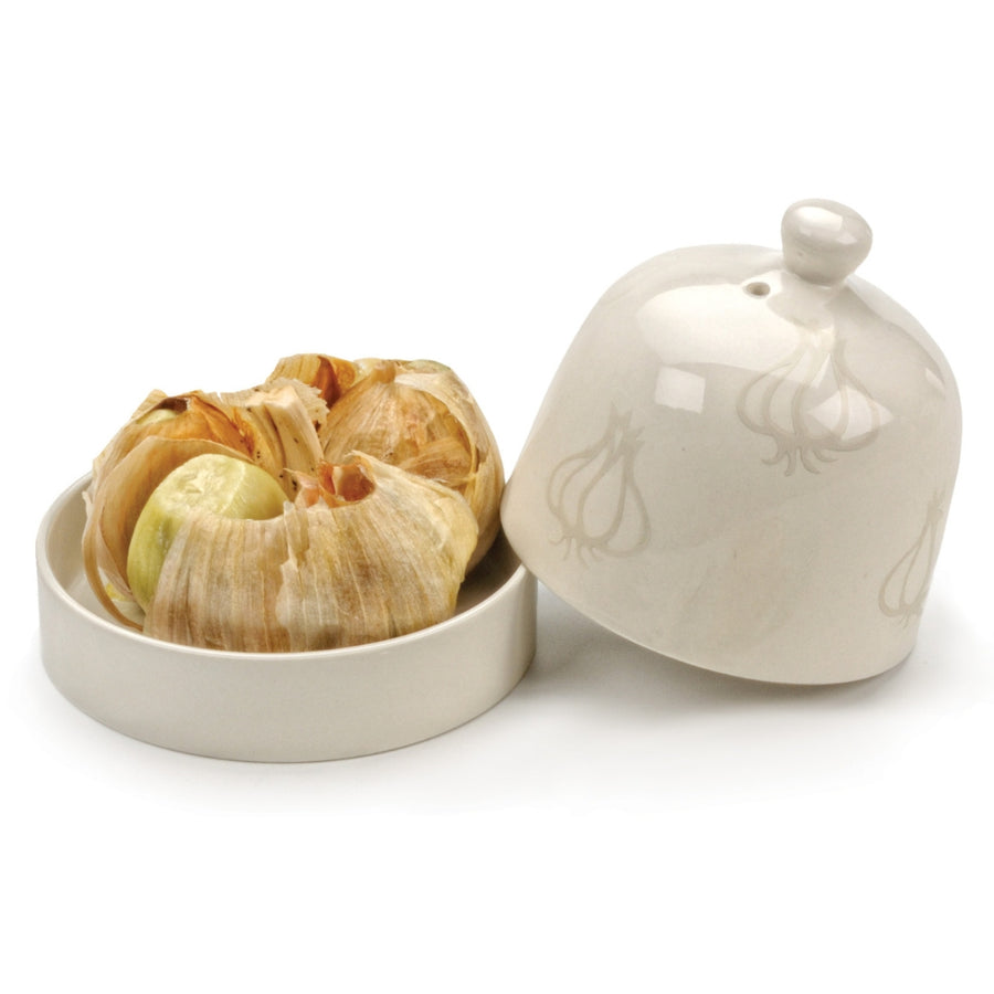 White Stoneware Garlic Roaster Holding Bulbs of Baked Garlic | RSVP International | Prepping & Cooking @ Spice Craze®