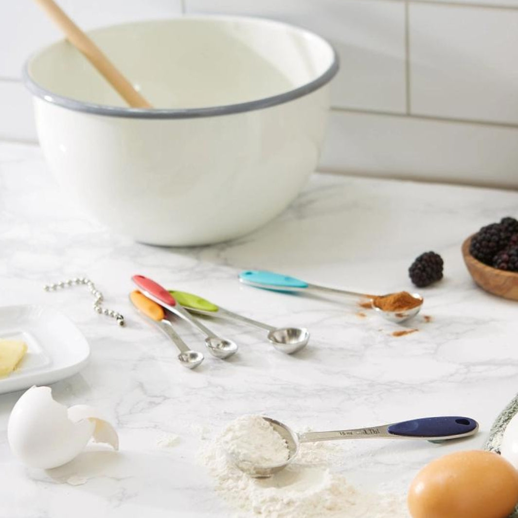 Colored-Handle Measuring Spoons in a Baking Scene | Set of 5 | RSVP International | Measuring & Mixing @ Spice Craze®