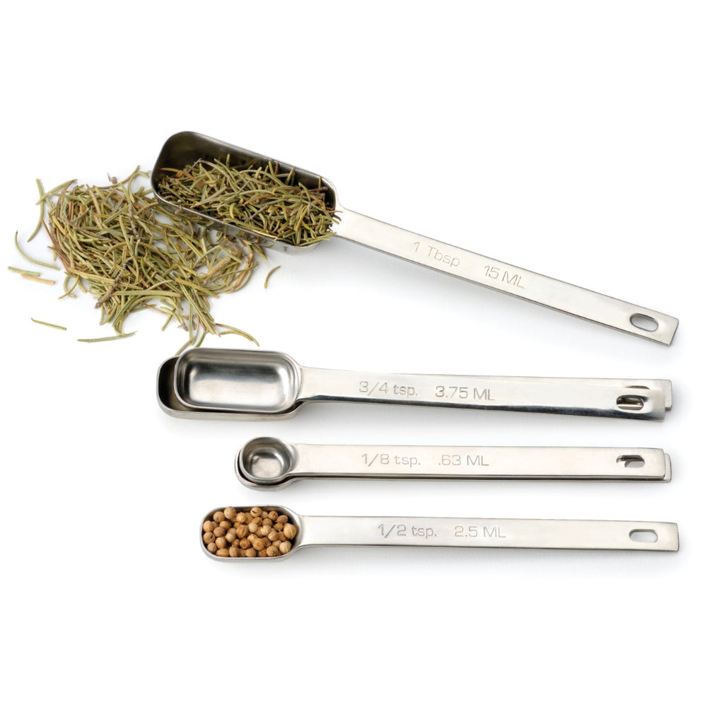 Set of Six Stainless Steel Spice Measuring Spoons with Rosemary and White Peppercorns | RSVP International | Measuring & Mixing @ Spice Craze®