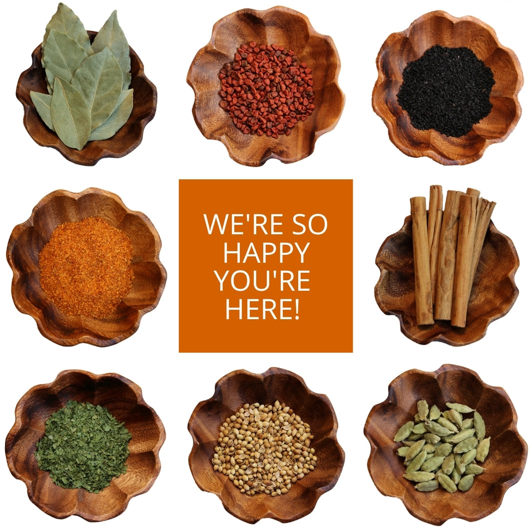 We're so happy you're here! | Eight Flower-Shaped Bowls of Organic Herbs and Spices