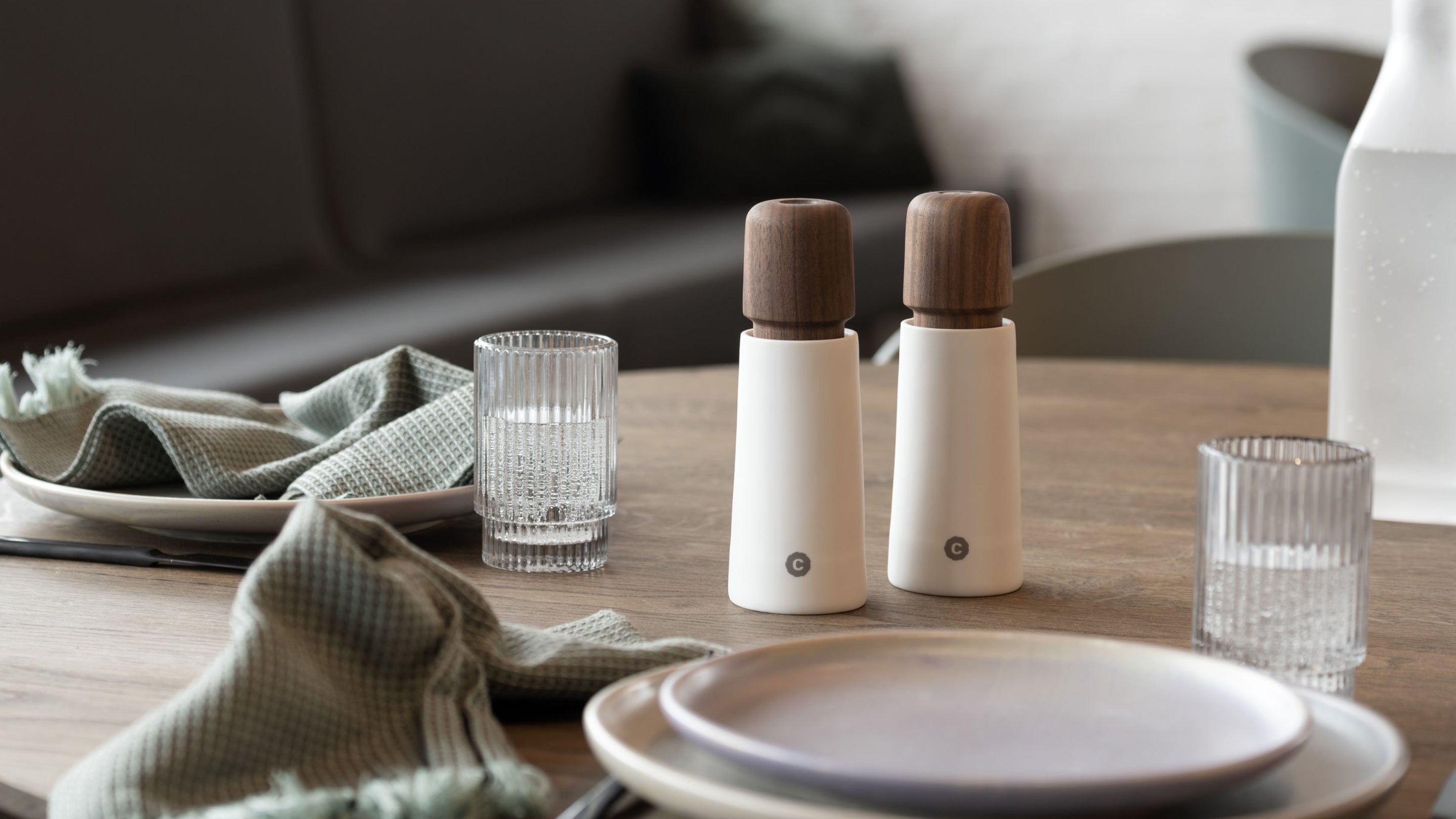 CrushGrind® Stockholm Salt & Pepper Grinders in a Table Setting | Mills & Grinders @ Spice Craze™