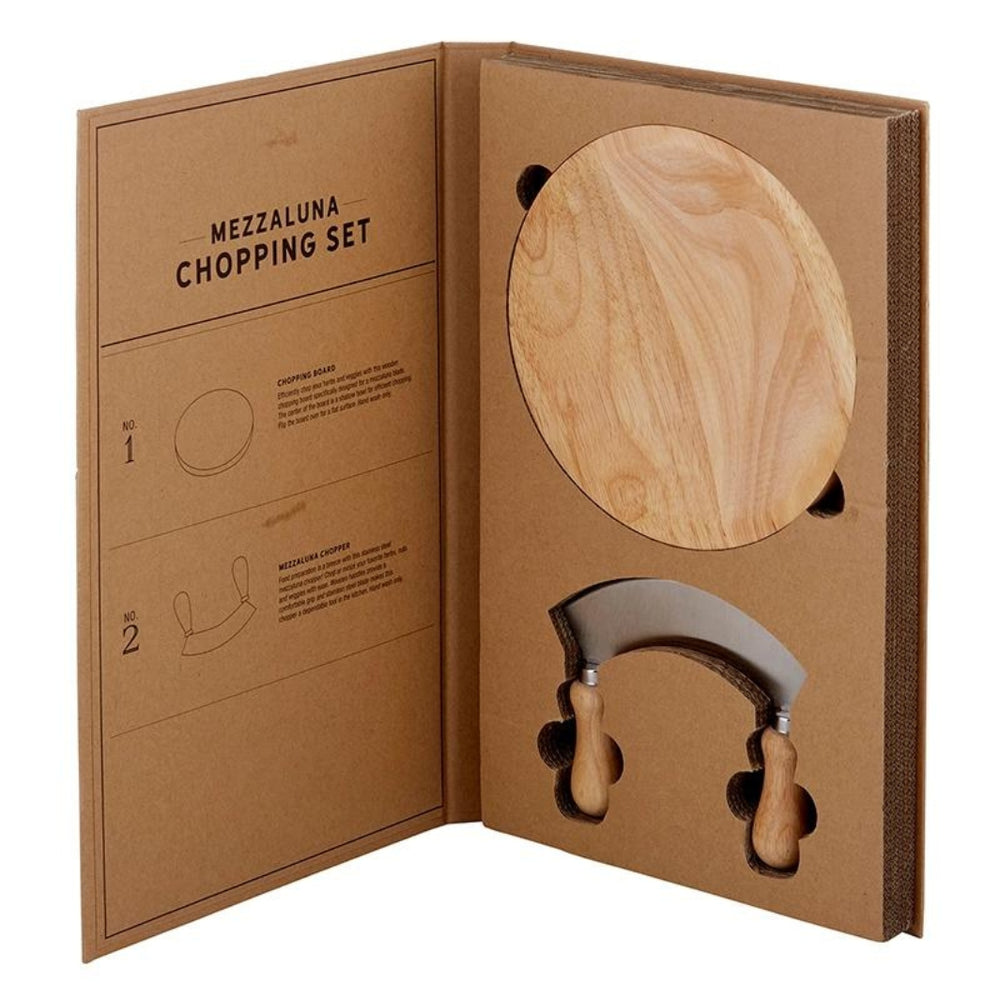 Inside of the Mezzaluna Chopper Book Box Showing the Mezzaluna and Chopping Board | Stainless Steel and Rubberwood | Santa Barbara Design Studio™ | Prepping & Cooking @ Spice Craze®