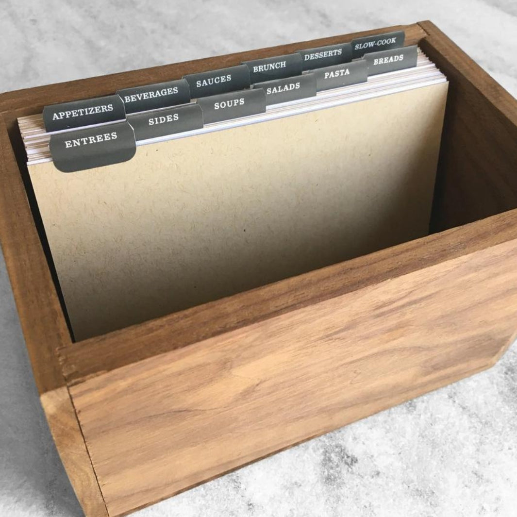 Kraft Recipe Dividers with Black Tabs Shown in a Wooden Recipe Box | Favorite Story® | Keeping It Pretty @ Spice Craze®