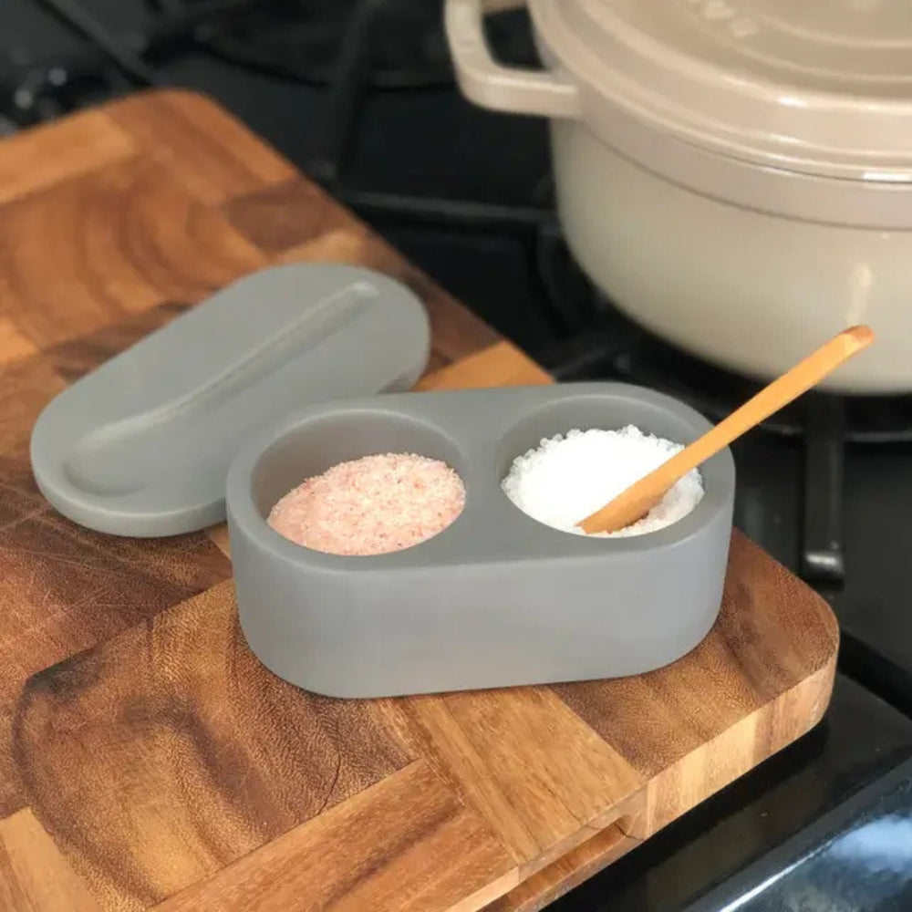 Gray Double Cement Salt Cellar with Wooden Spoon Next to a Braising Dish | Fox Run Brands™ | Keeping It Pretty @ Spice Craze®