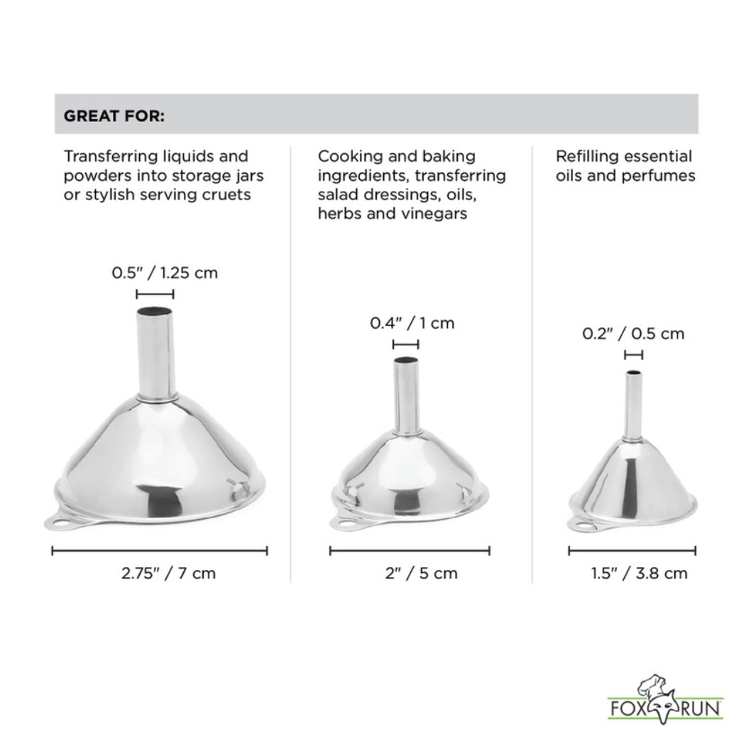 Dimensions of the Set of Three Stainless Steel Funnels | Fox Run Brands™ | Measuring & Mixing @ Spice Craze®