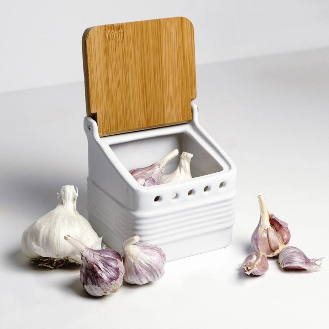 Open White Stoneware Garlic Keeper with Bulbs and Cloves of Garlic | RSVP International | Keeping It Pretty @ Spice Craze®