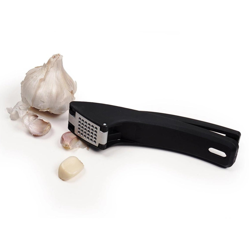 Jona's Easy-Clean Garlic Press with a Garlic Bulb and Cloves | RSVP International | Prepping & Cooking @ Spice Craze®