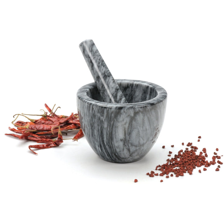 Gray Marble Mortar & Pestle Set shown with Chiles and Achiote Seeds | RSVP International | Mortars & Pestles @ Spice Craze®