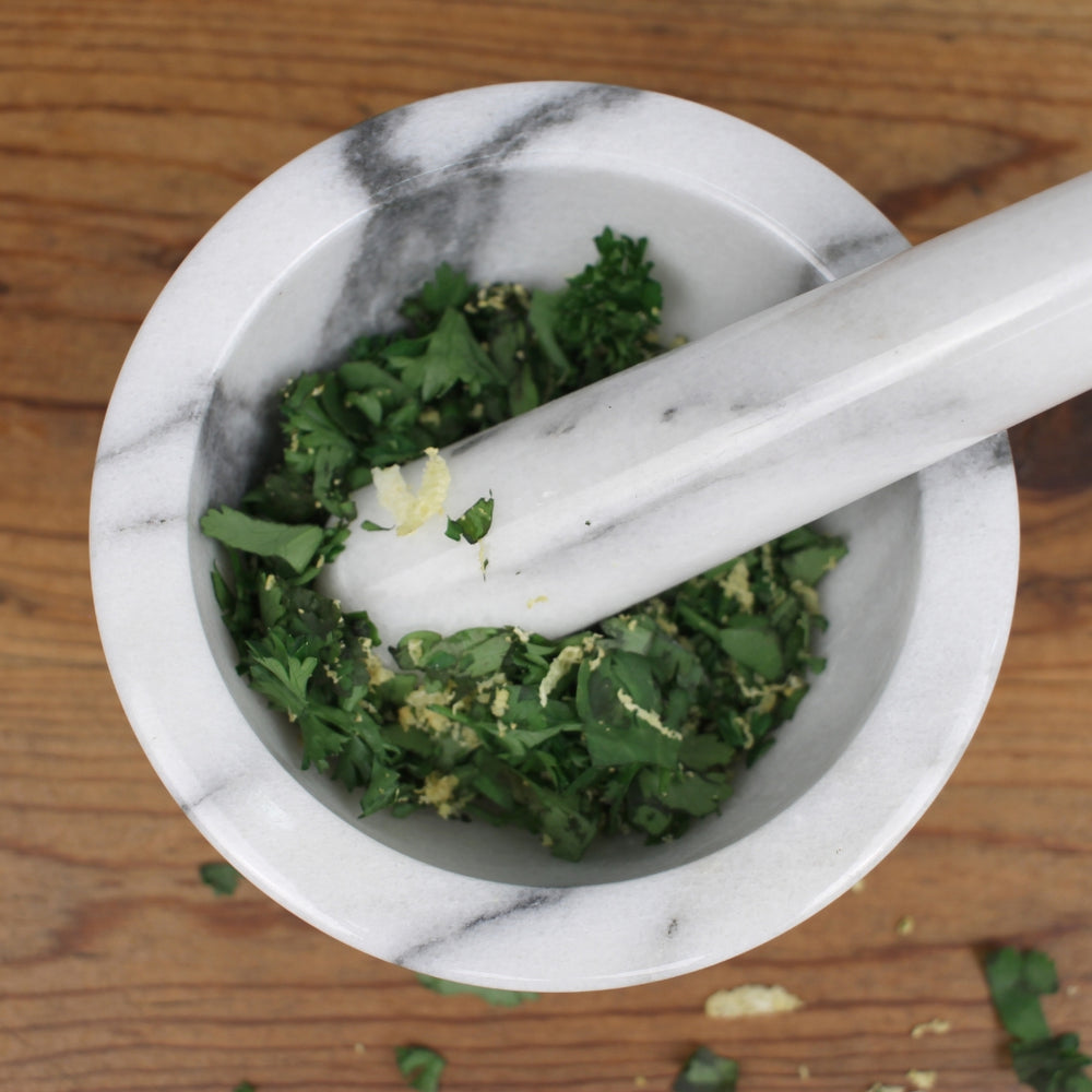 White Marble Mortar & Pestle Set in Action | RSVP International | Mortars & Pestles @ Spice Craze®