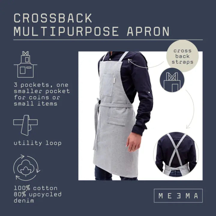 Informational Diagram of Upcycled Blue Cross-Back Bib Apron | MEEMA | Aprons & Linens @ Spice Craze®