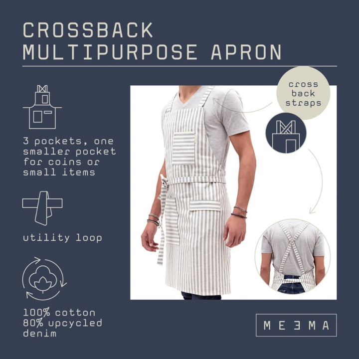 Informational Diagram of Upcycled Striped Cross-Back Bib Apron | MEEMA | Aprons & Linens @ Spice Craze®