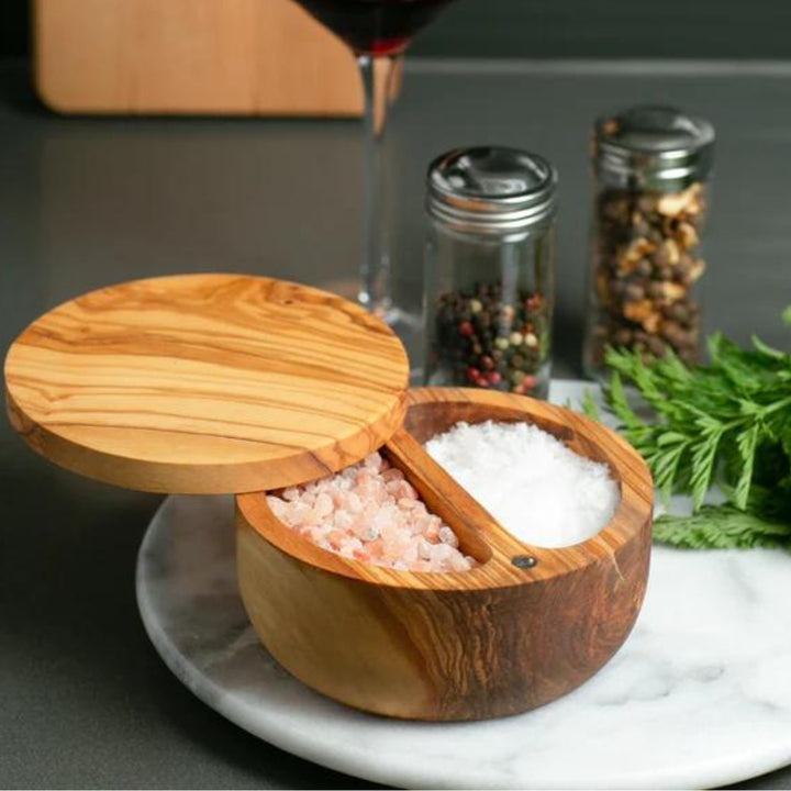Olive Wood Swivel Top Salt Box in a Table Setting | RSVP International | Keeping It Pretty @ Spice Craze®