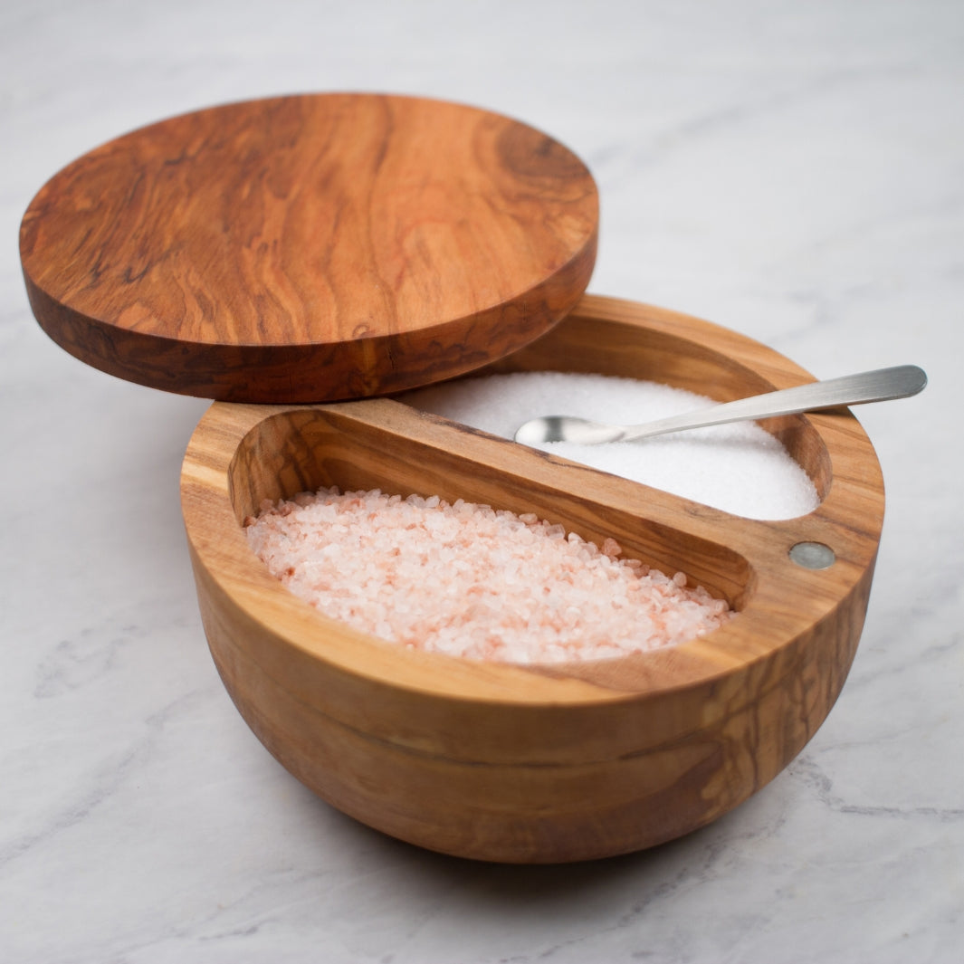 Olive Wood Swivel Top Salt Box Filled with Coarse Pink Himalayan and Table Salts | RSVP International | Keeping It Pretty @ Spice Craze®