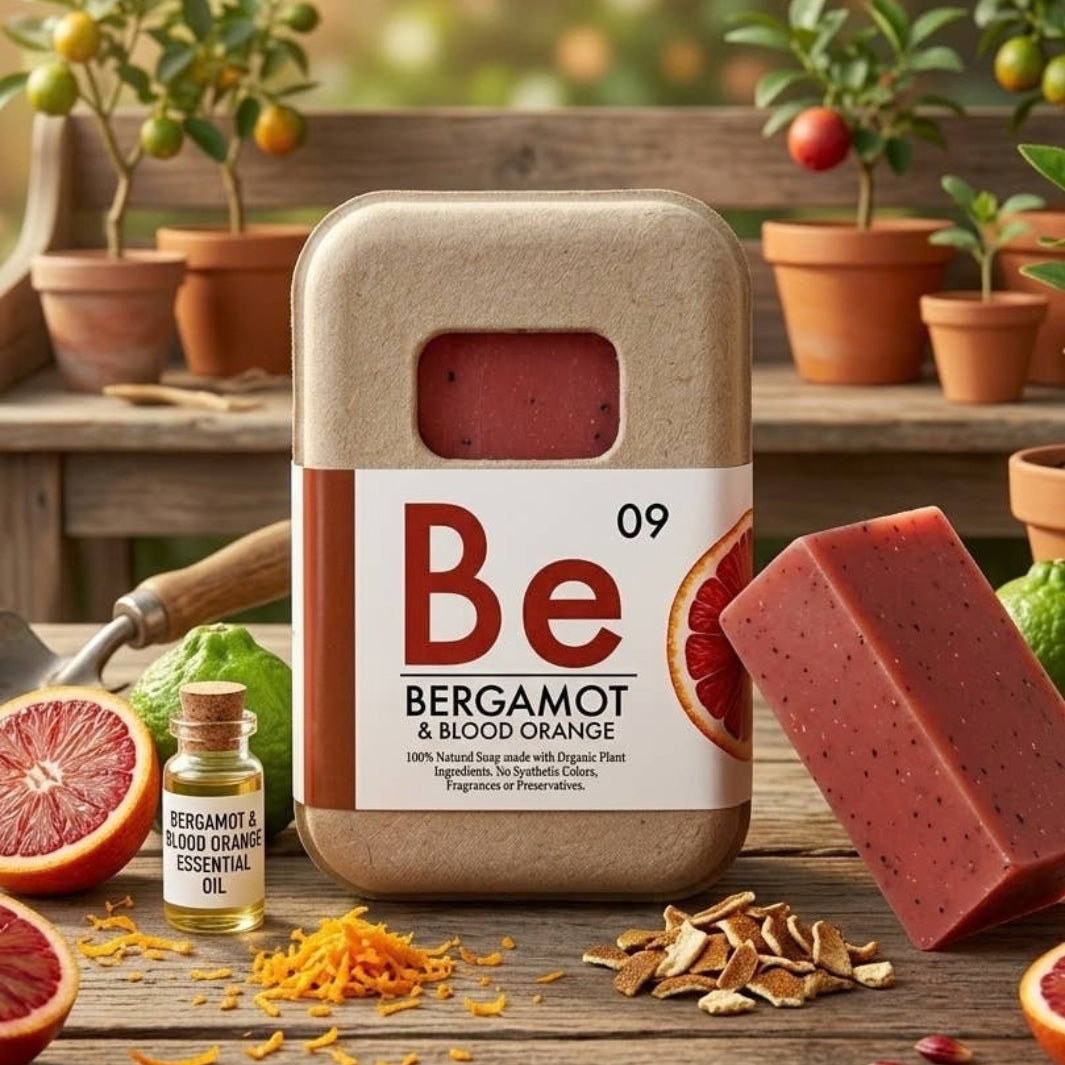 Organic Bergamot & Blood Orange Soap made by Seattle Seed Co. in eco-friendly egg-carton-like packaging with a white label with blood orange picture | Camping & Garden @ Spice Craze®