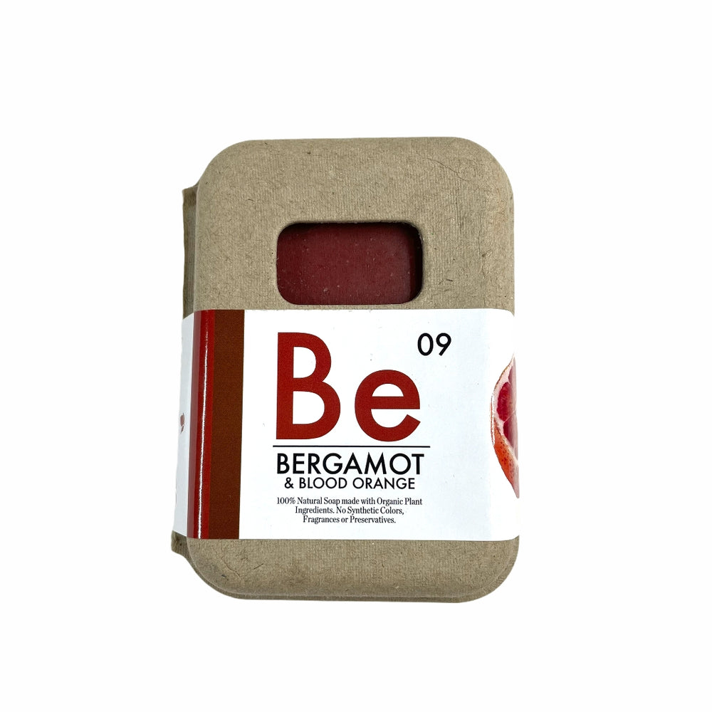 Organic Bergamot & Blood Orange Soap made by Seattle Seed Co. in eco-friendly egg-carton-like packaging with a white label with blood orange picture | Camping & Garden @ Spice Craze®