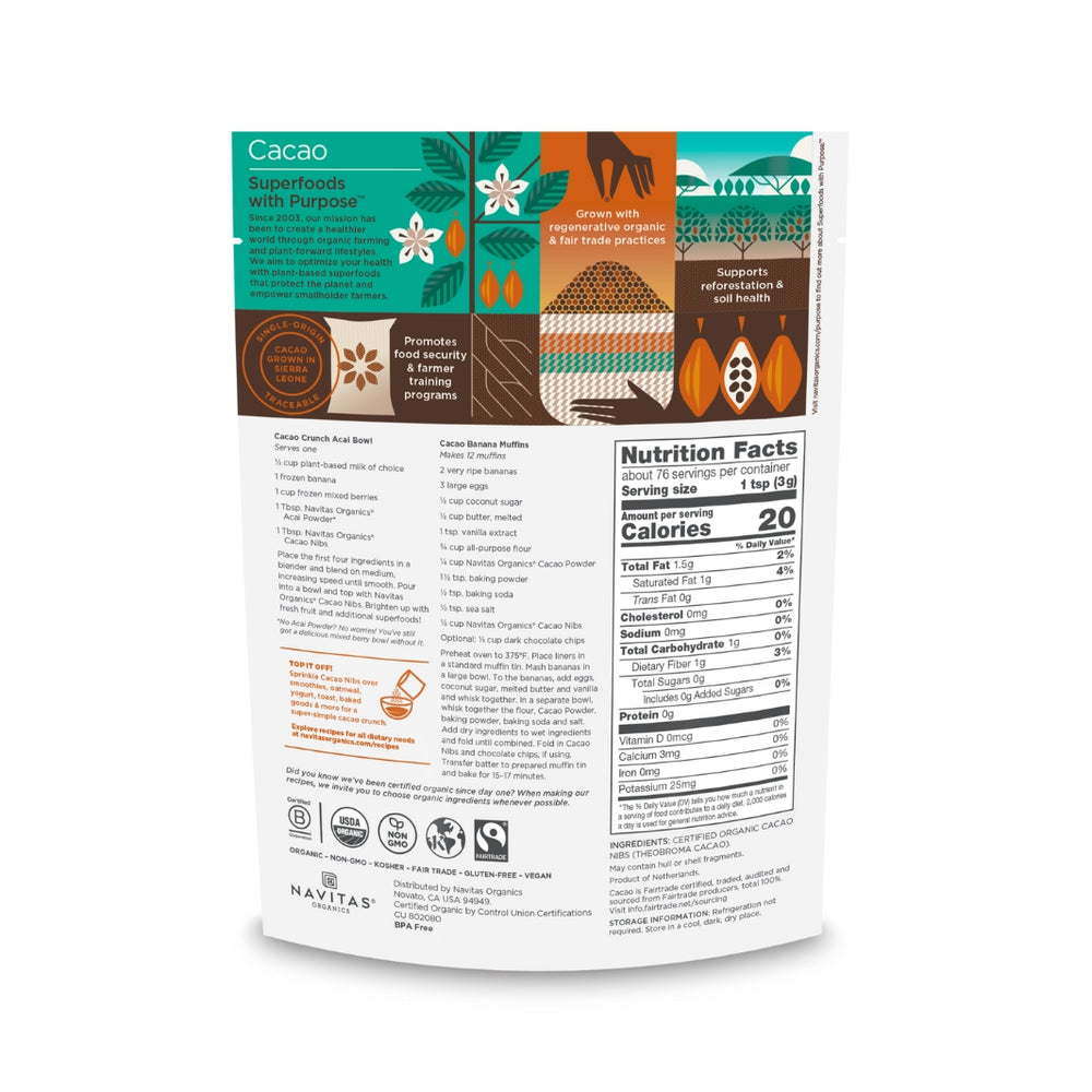 Organic Cacao Nibs | Back of Pouch | Navitas® Organics | The Sweeter Side @ Spice Craze®