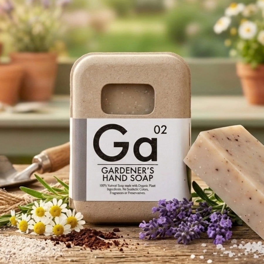 Organic Gardener's Hand Soap made by Seattle Seed Co. in eco-friendly egg-carton-like packaging with a white label with a picture of gardening tools on the side | Camping & Garden @ Spice Craze®