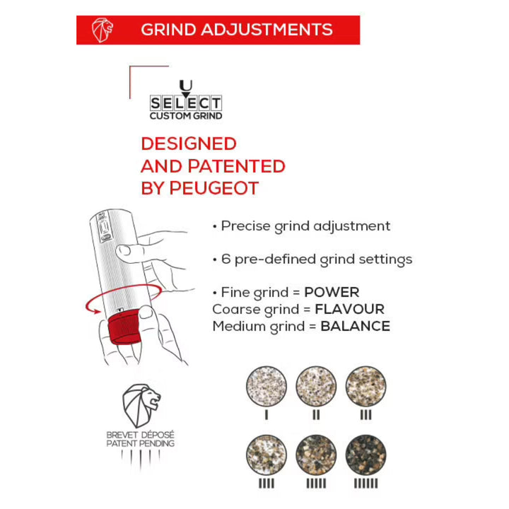 Grind Adjustment Details for Line Electric Salt & Pepper Duo in Carbon and Aluminum | Peugeot Saveurs | Mills & Grinders @ Spice Craze®