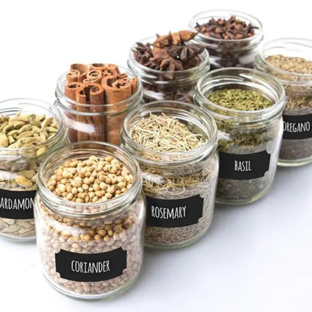 Chalkboard Labels Set Shown on Open Spice Jars | Savvy & Sorted® @ Spice Craze®