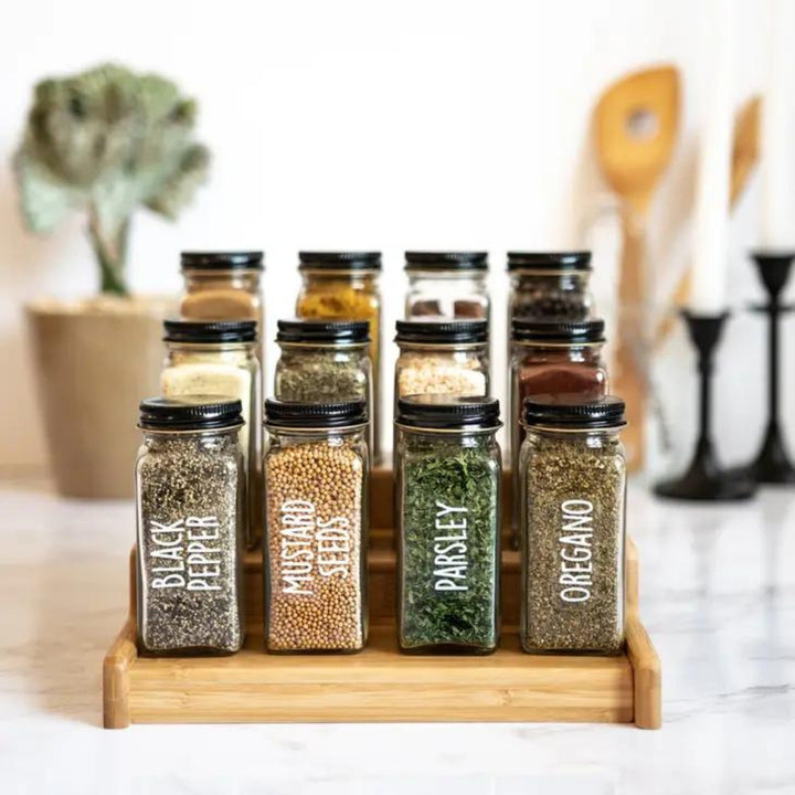 White Sunshine Spice Labels Shown on Various Spice Jars | Savvy & Sorted® @ Spice Craze®
