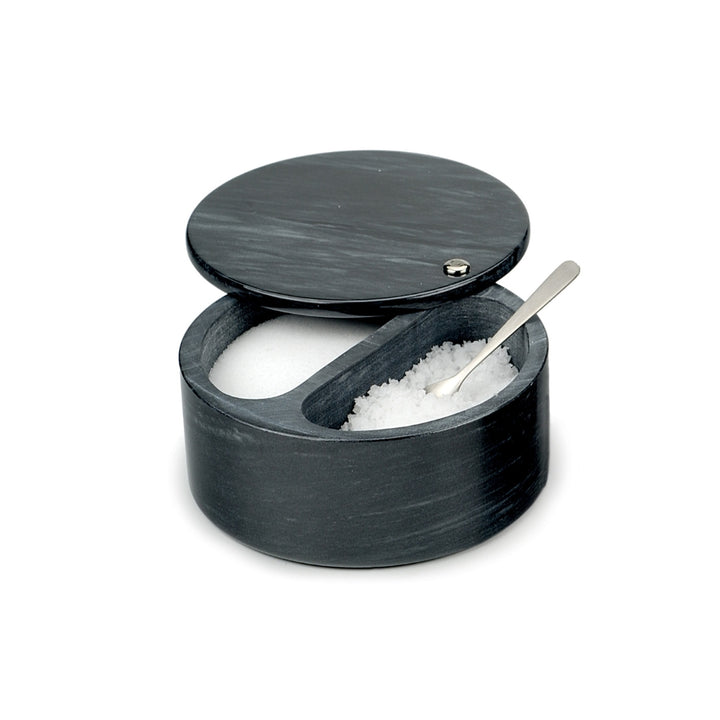 Black Marble Swivel Top Salt Box with Both Compartments Filled with White Salt | RSVP International | Keeping It Pretty @ Spice Craze®