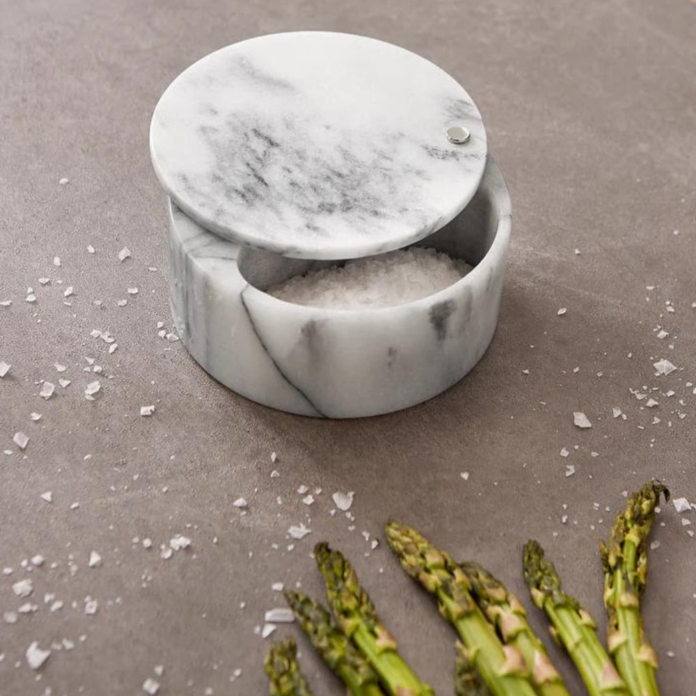 White Marble Swivel Top Salt Box on a Concrete Counter with Asparagus | RSVP International | Keeping It Pretty @ Spice Craze®