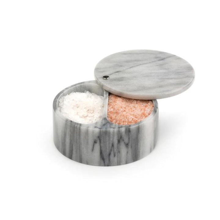 White Marble Swivel Top Salt Box Filled with Coarse White and Pink Salts | RSVP International | Keeping It Pretty @ Spice Craze®
