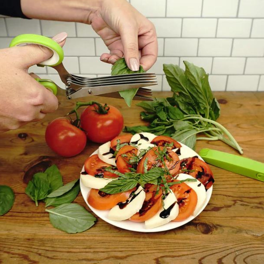 Herb Scissors Snipping Fresh Basil onto a Caprese Salad | Blade Cleaner/Storage Case Included | RSVP International | Prepping & Cooking @ Spice Craze®