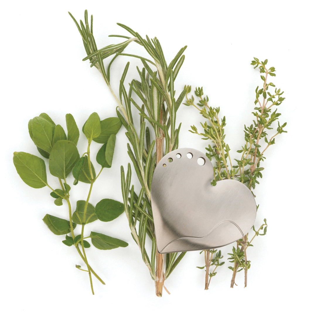 Heart-Shaped Stainless Steel Herb Stripper with Various Herbs | RSVP International | Grate, Strip, & Zest @ Spice Craze®